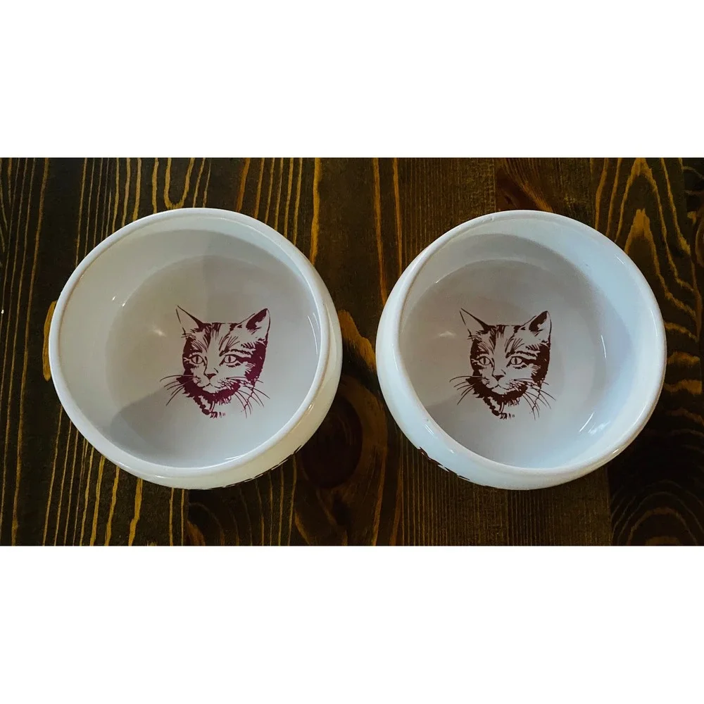 Vintage Ceramic Cat Bowls Set of 2 My Kitty White Burgundy Brown Stoneware